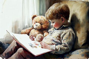 Little boy reading a picture book to his teddy bear friend, which is a cute adorable child watercolour painting sketch, computer Generative AI stock illustration 