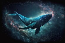 Happy Surreal Magical Blue Whale In Space Pointillism Art, Generative Ai