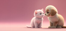 Cute Cat And Dog Together On Pink Background With Copy Space. Generative AI	