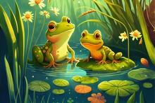 Frogs Sitting On Lily Pads Cartoon Illustration Storybook, Generative Ai