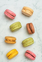 Above View Of Colorful Macaroons On A Marble Background