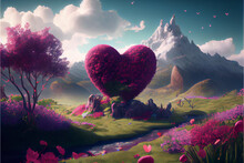 Romantic Scenery For Valentine's Day | Fantasy Meadow | Heart Shape Tree And Flowers | Pink Heart In A Forest | Ai Generated | Hyper Realistic | Photorealism