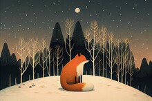 Fox In The Wild Forest Winter Illustration Vector Art, Generative Ai