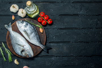 Canvas Print - Raw sea fish dorado with seasonings and tomatoes.