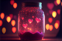 Glass Jar Having Heart Shape Glowing Lights And Random Stuff | Glowing Light Inside A Glass Jar | Hyper Realistic | Ai Generative | Soft Lights And Bokeh Effect | Valentine's Gift | 14th Feb | Love