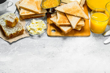 Poster - Breakfast. Toasted bread, coffee with orange juice and jam.