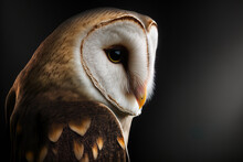Beautiful Close Up Of A Barn Owl With Dramatic Lighting And A Dark Background. Generative AI