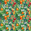 hummingbird, leaves, fruit and flowers, tropical background, watercolor jungle. Floral Seamless pattern 