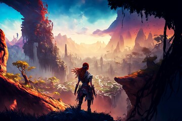 Wall Mural - Woman standing in mountain of magical world