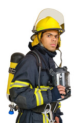 Poster - Young African American fireman with respirator and air breathing apparatus on his back in protective uniform isolated on white background.