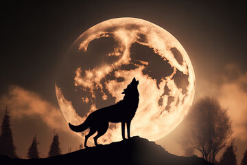 Wall Mural - A wolf howling at a full moon in a work of horror digital art. Generative AI