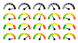 Fototapeta  - Speedometer gauge meter icons. Vector scale, level of performance. Speed indicator .Infographic of risk, gauge, score progress.