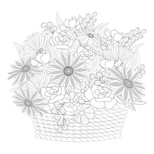 Black And White Flowers Bouquet In A Whicker Basket. Coloring Book Page. Vector Illustration.