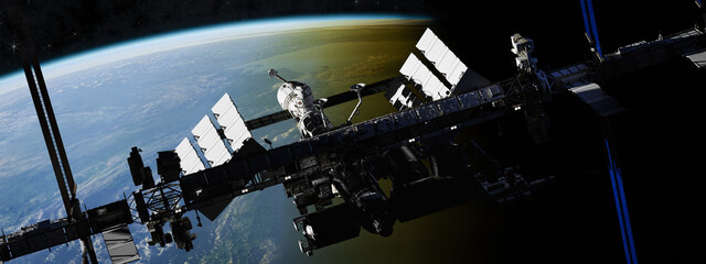 Canvas Print - 3d illustration. international space station on orbit of earth planet. iss. dark background. element