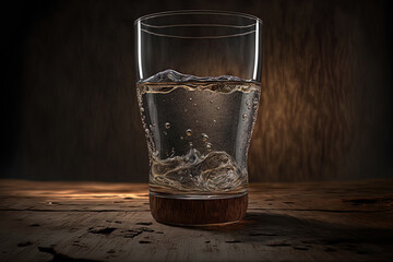 Canvas Print - A glass that is set on a wooden bar is filled with water. Generative AI