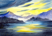 Watercolor Illustration Of A Forest Lake At Sunset With Fir Trees, Distant Misty Mountains And Yellow Sunset Sky