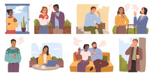 Male And Female Characters Smoking Outdoors Or At Home. People With Bad Habit, Making Smoke And Fumes From Cigarettes And Cigars. Vector In Flat Style