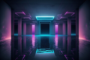 Poster - Illustration of a Contemporary Futuristic Sci Fi Purple Blue Neon Lights On Abstract Construction Empty Dark Stage With Concrete Reflection Floor And Water. Generative AI