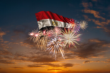 Wall Mural - Flag of Egypt and Holiday fireworks in sky