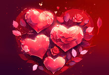 Glowing Red Hearts With Red Roses And Peonies Flowers And Flower Petals In Heart Shape Layout Generative AI Art Valentine Illustration