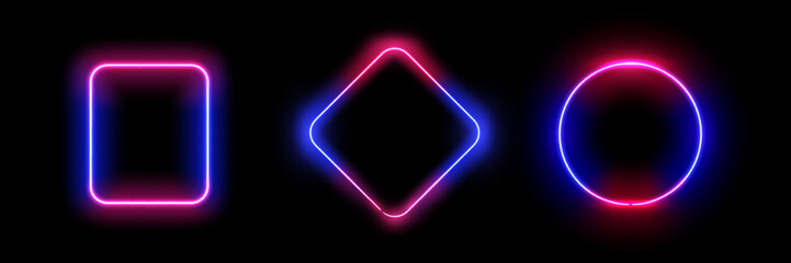 Poster - Square and rhombus, circle, neon frames with empty space inside. Borders with glowing lines, highlighting and catching attention. Vector in realistic style