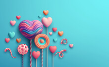Happy Valentines Day Greeting With Candy, Sweets, Heart Shaped Lollipops. 3d Realistic Scene Cosmetic Products And Tropical Palm Leaves. Web Site Design, Landing Page. Vector Illustration