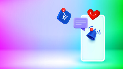 Aufkleber - Modern smartphone with social media application icons. New messages concept. Vector 3d banner with copy space