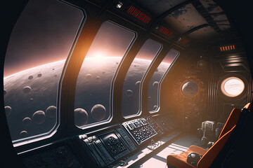 Wall Mural - the gloomy spaceship interior and the distant planets and solar system in this image. generative ai