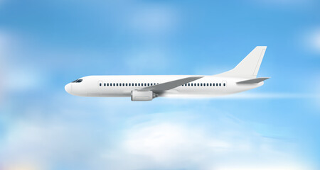 Poster - Flying modern airplane flying in cloudy sky. Air travel concept. 3d vector illustration