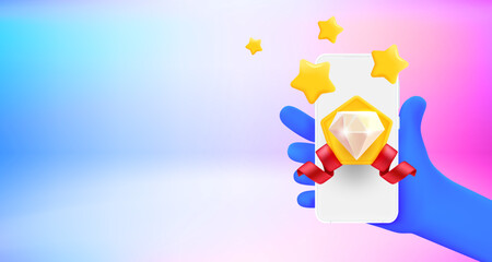 Leinwandbilder - Award gem on smartphone screen. 3d vector banner with copy space