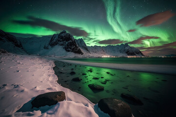 Wall Mural - Norway's Lofoten Islands during the aurora borealis. Aurora. Northern lights in green. Polar lights in the sky with stars. Evening winter scene with aurora, sea reflecting the sky, stones, beach, and