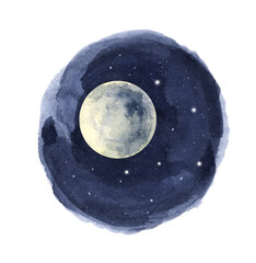 Watercolor night sky in circle.