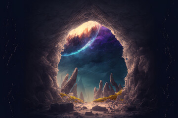 Wall Mural - Mountain cave portal in the shape of a stone arch with magical markings. Ancient temple with a portal to an alien realm. Illustration of a fantasy scene. Generative AI