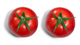 Fototapeta  - Single fresh ripe round tomato with sepal, with and without dewdrops, top view isolated png