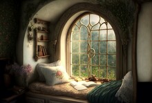 Illustration, Fairy Tale House, Room With Window, Image By AI