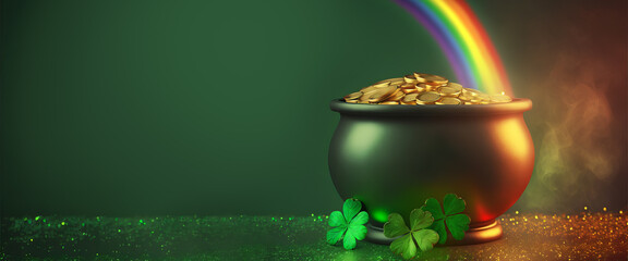 banner with pot of gold coins, clover leaves and rainbow. st. patrick's day concept. generative ai i