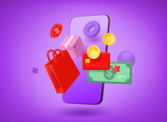Poster - Making purchases via mobile application. Shopping concept. 3d vector illustration