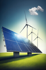 Wall Mural - renewable energy background with green energy as wind turbines and solar panels. generative ai