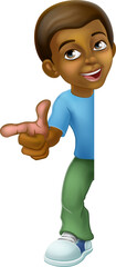 Wall Mural - Black Boy Cartoon Child Kid Pointing Sign