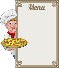 Canvas Print - Pizza Chef Cook Cartoon Man Menu Sign Background