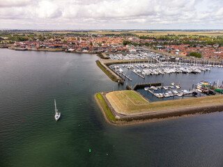 A drone view of a marina and historic town of Yerseke, The Netherlands