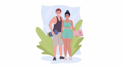 Poster - Animated athletic looking couple. Gym visitors. Looped flat 2D characters 4K video footage. Colorful isolated animation on white background with alpha channel transparency for website, social media