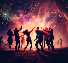 Sticker - young people silhouette dancing at a party with fireworks, ideal for backgrounds, generative ai