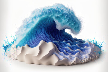 Canvas Print - White background with an isolated blue sea wave and white foam. Generative AI