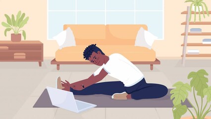Poster - Animated at-home fitness. Young man stretching legs with video lesson. Looped flat 2D cartoon character animation with living apartment interior on background. 4K color video
