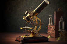 A Vintage Microscope Is Displayed On A Table. Generative AI