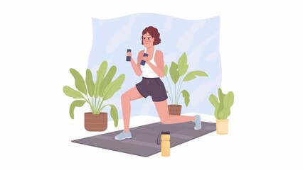 Poster - Animated woman doing dynamic lunges. Stretching. Fitness trainer warming up muscles. Flat 2D character 4K video footage. Colorful isolated animation on white background for website, social media