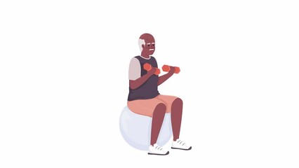 Poster - Animated senior raising dumbbells. Elderly man exercising on stability ball. Strengthening body muscles. Full body flat character animation on white background. Color cartoon style 4K video footage