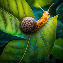 Snail On A Green Leaf. Generative AI.