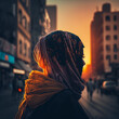 Unrecognizable woman with veil at sunset. Generative AI.